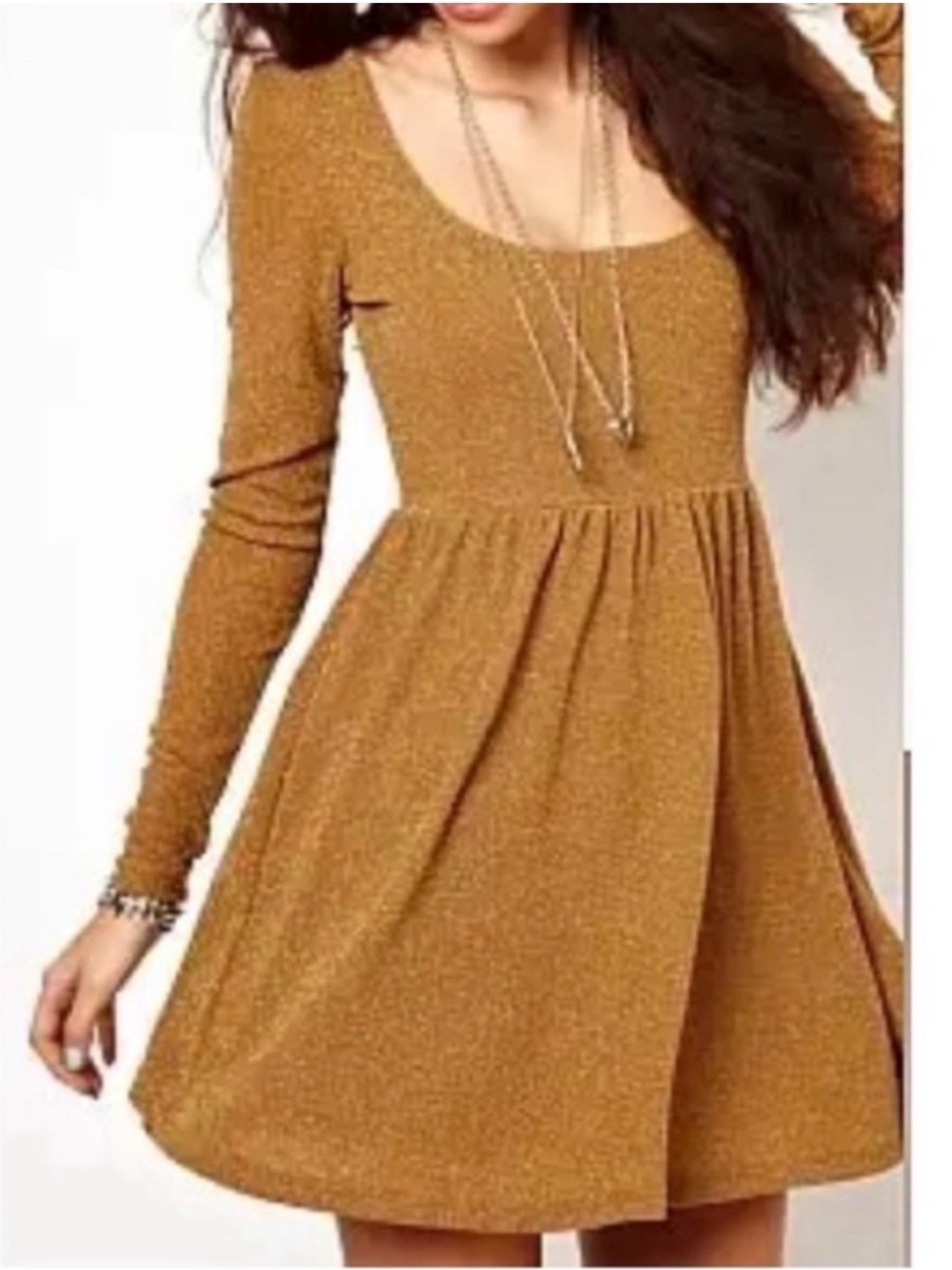 Free People Long Sleeve Scoop Neck Skater Dress in Mustard